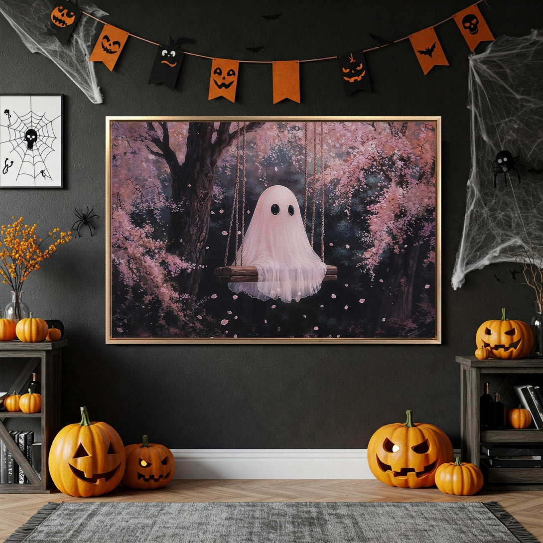 Framed Wall Art: Whimsical ghost on a swing in a pink floral forest. Perfect for Halloween decor. Soft color palette, dreamy style. Add spooky charm to your space!