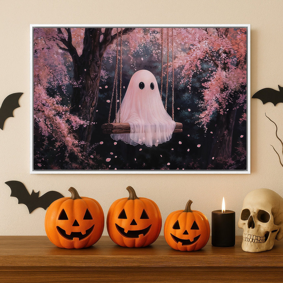 Framed Wall Art: Whimsical ghost on a swing in a pink cherry blossom forest. Soft, dreamy style with a pink and dark color palette. Perfect Halloween decor.
