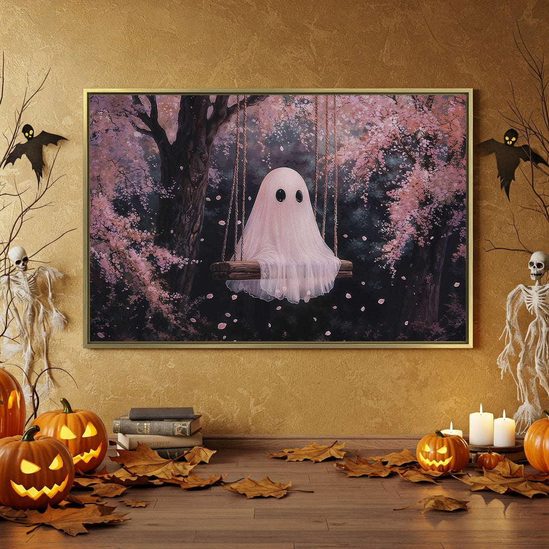 Canvas Print: Adorable ghost on a swing in a whimsical pink and black forest scene. Perfect Halloween wall art!