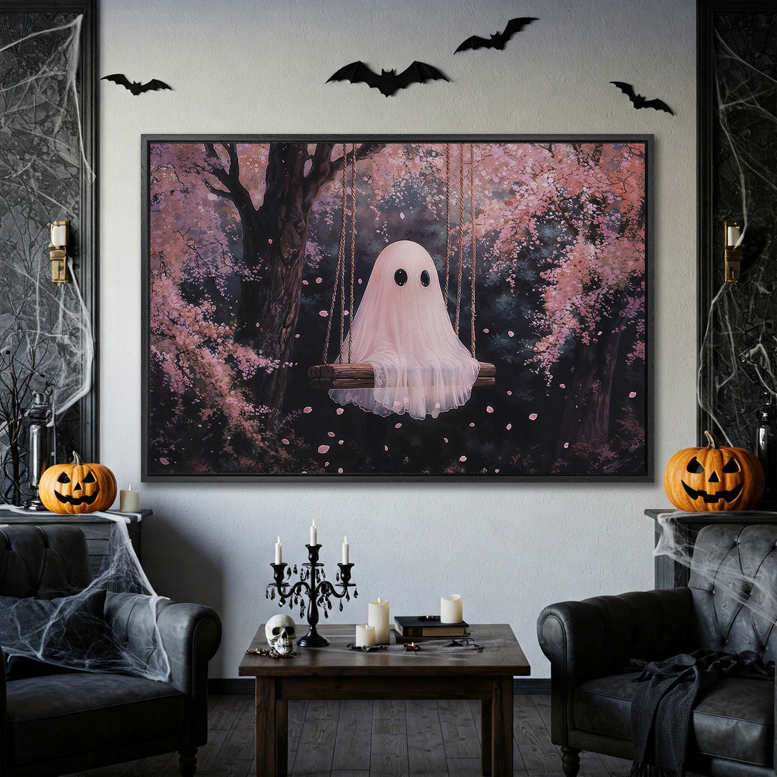 Framed Wall Art: Whimsical ghost on a swing in a pink and black forest. Spooky Halloween decor. Canvas Print for your home.