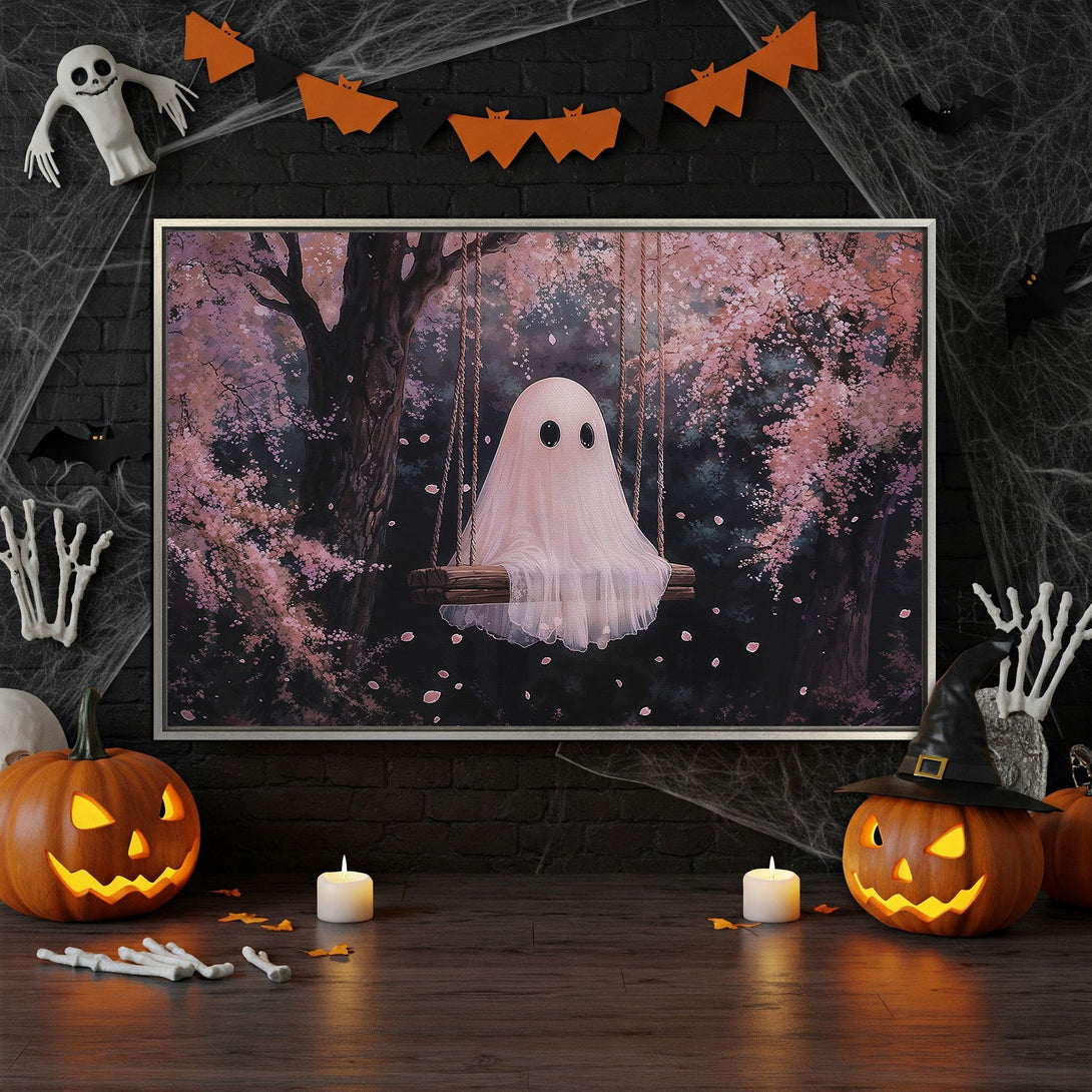 Framed Wall Art: Cute ghost on a swing in a whimsical forest scene. Pink and dark color palette, perfect Halloween decor!