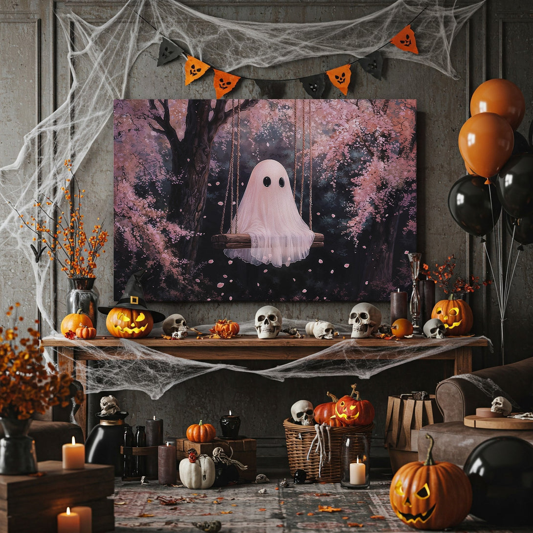 Framed Wall Art featuring a whimsical ghost on a swing, set in a dreamy pink and dark forest. Perfect Halloween decor!
