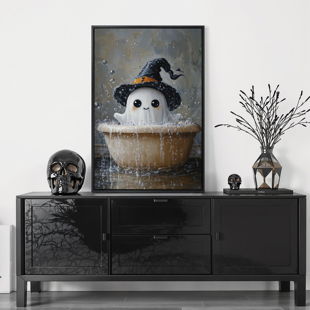 Framed Wall Art: Adorable ghost in a witch hat, whimsical style, soft neutral and black color palette. Perfect Halloween decor for a cozy, inviting space.