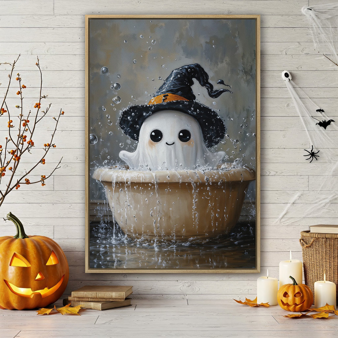 Framed Wall Art: Adorable ghost in a witch hat taking a bath. Whimsical art with a neutral and black color palette, perfect Halloween decor.