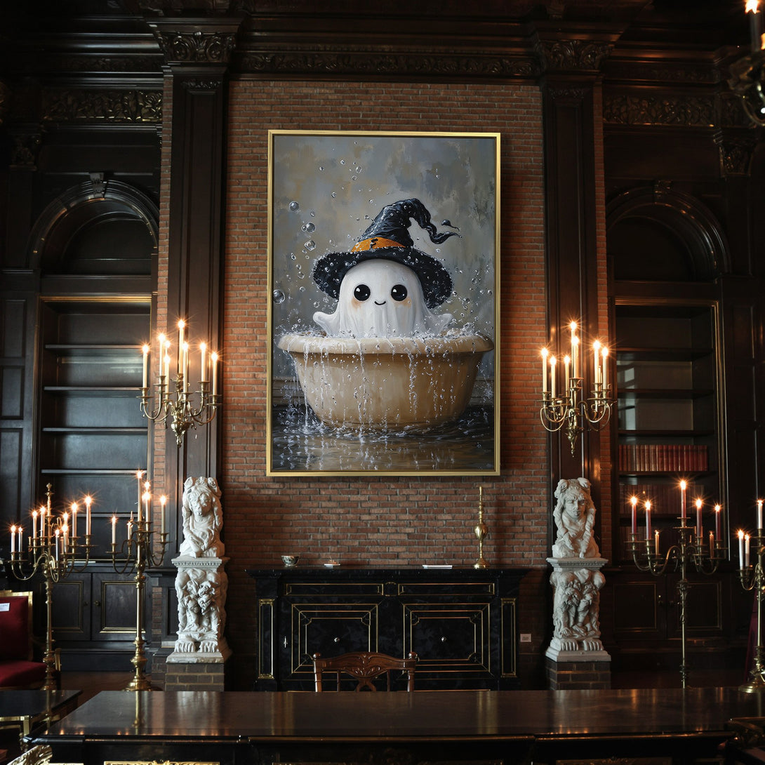 Canvas Print: Adorable ghost in a witch hat. Whimsical Halloween art in neutral tones. Perfect spooky decor!