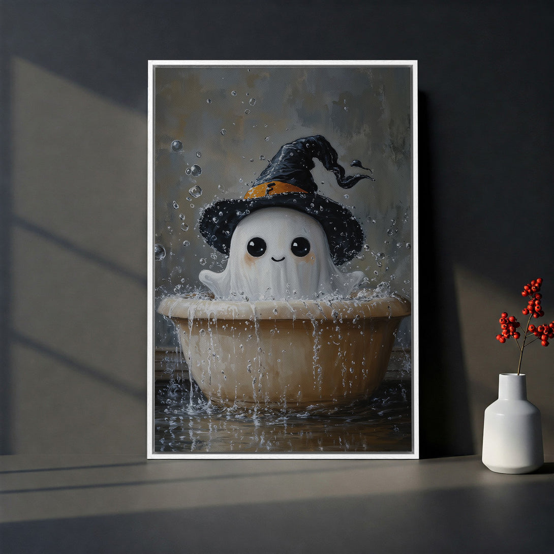 Framed Wall Art: Adorable ghost in a witch hat taking a bath. Whimsical art with a neutral, gray color palette. Perfect Halloween decor!