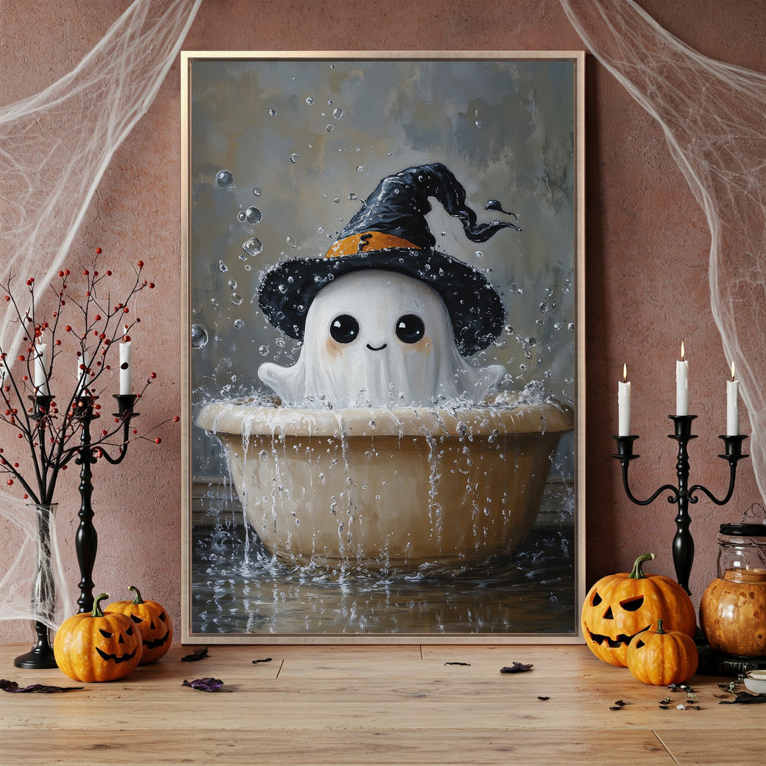 Framed Wall Art: Cute ghost in witch hat enjoying a bath. Whimsical Halloween art in neutral tones, perfect for spooky season decor.