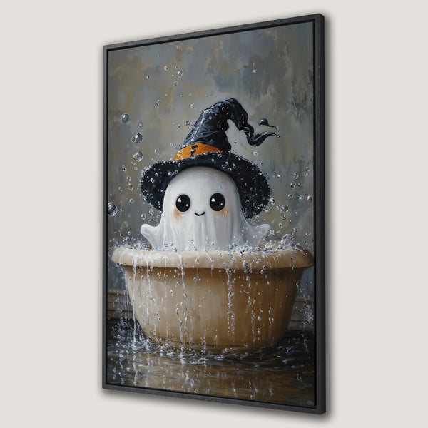 Framed Wall Art featuring a cute ghost in a witch hat taking a bath. Whimsical illustration in a neutral, muted color palette. Perfect Halloween decor!