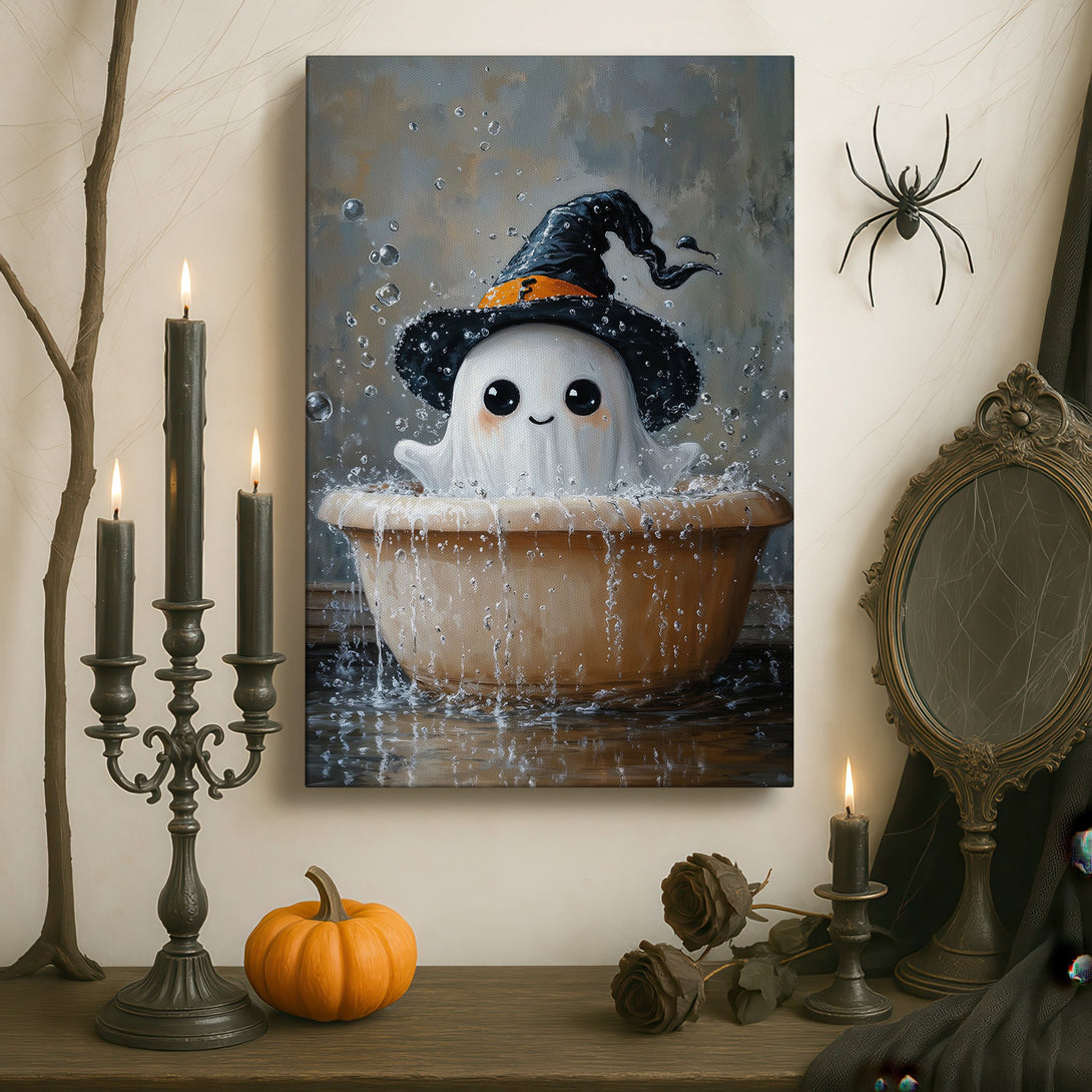 Framed Wall Art: Adorable ghost in a witch hat canvas print. Whimsical artwork with a neutral color palette, perfect for Halloween decor.
