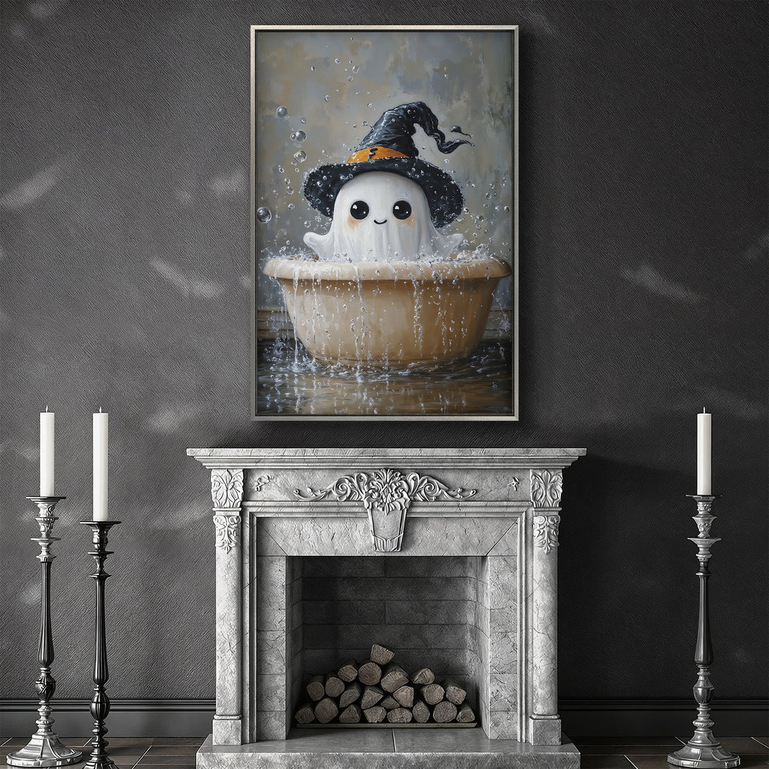 Framed Wall Art: Adorable ghost in a witch hat enjoying a bath. Whimsical illustration in muted colors, perfect for Halloween decor.
