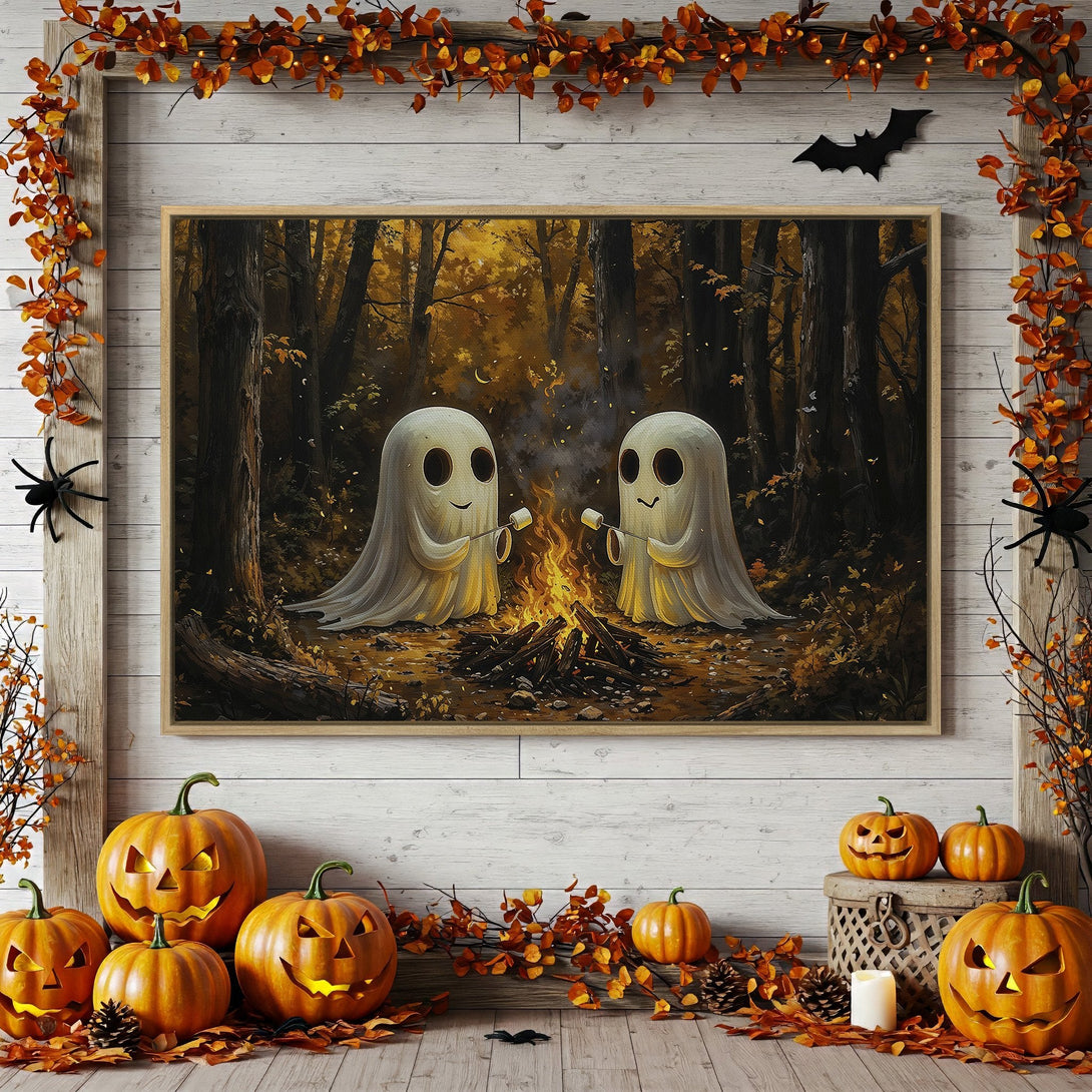Framed Wall Art: Adorable Halloween ghosts roasting marshmallows in a warm, autumnal forest scene. Cozy, inviting, and perfect for fall decor!