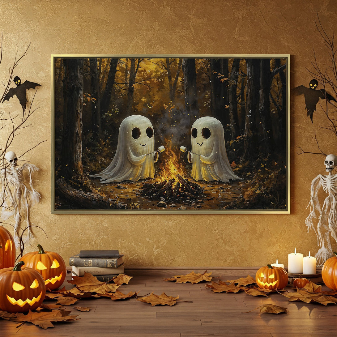 Halloween Canvas Print featuring friendly ghosts roasting marshmallows. Warm, autumnal color palette perfect for spooky season decor.