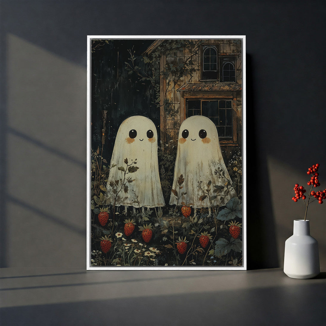 Framed Wall Art featuring adorable ghost characters in a whimsical, vintage style. Dark, moody color palette with pops of red strawberries. Perfect for Halloween decor!