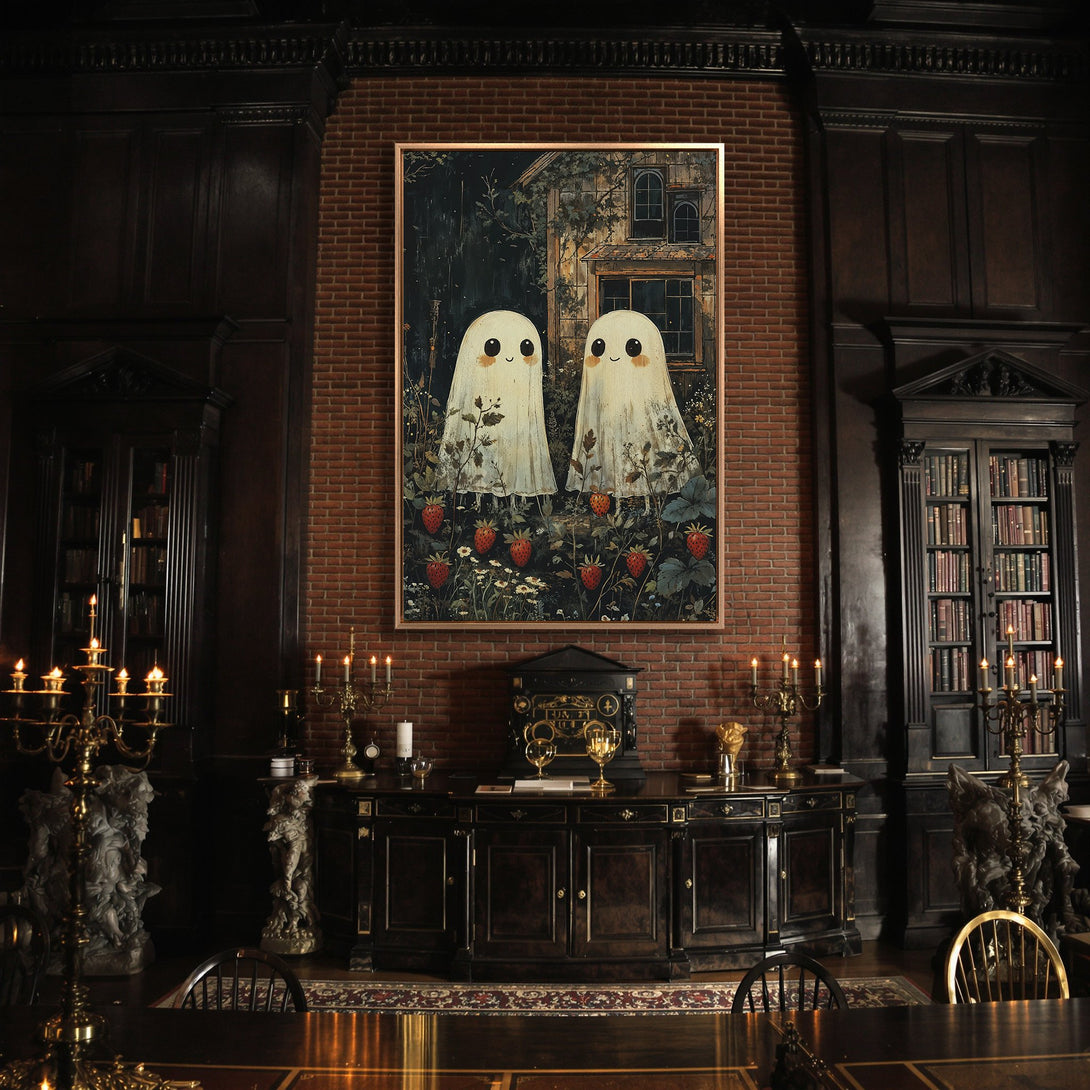 Framed Wall Art featuring adorable ghost illustration in a dark, moody interior. Soft color palette of cream, red, and green. Perfect for Halloween decor.