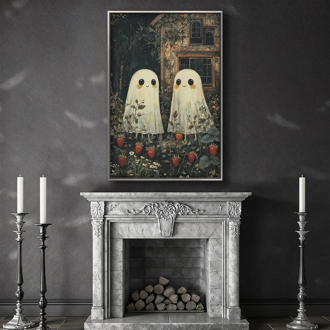 Framed Wall Art featuring cute ghosts in a whimsical style, with a dark, moody color palette. Perfect for adding a touch of spooky charm to your home!