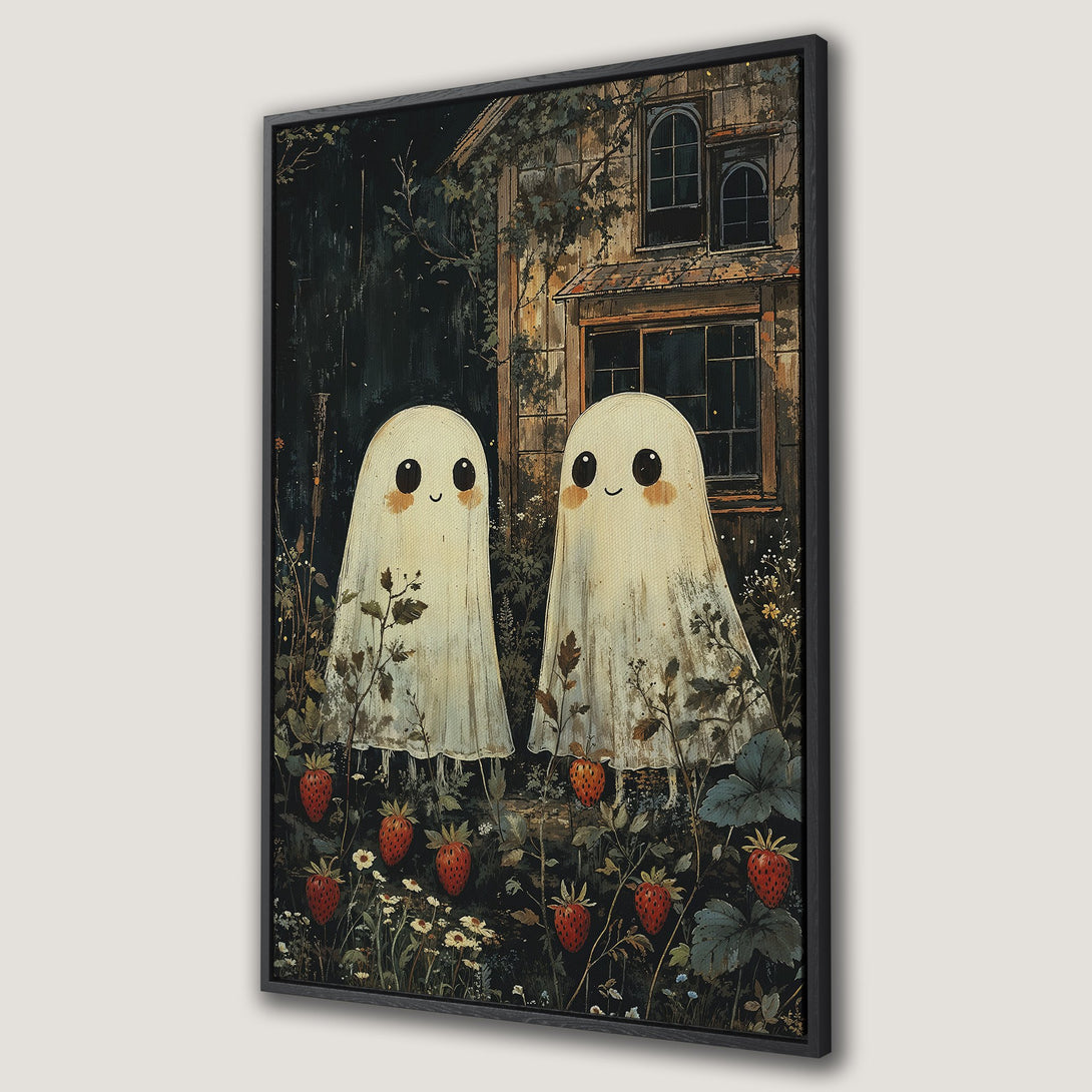 Framed Wall Art featuring whimsical ghost art with a vintage aesthetic and a dark, earthy color palette. Perfect for adding a touch of spooky charm!