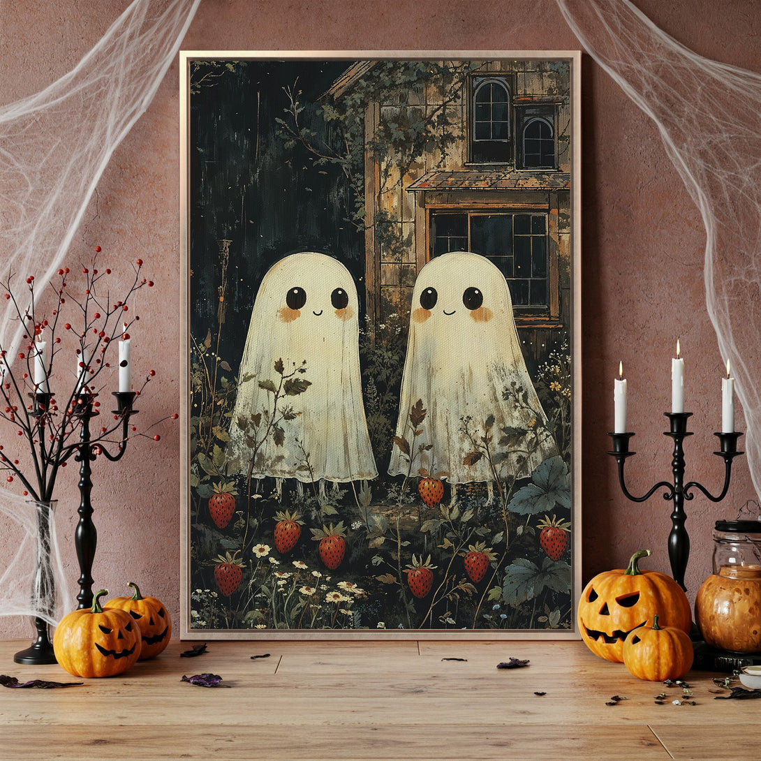 Framed Wall Art: Cute ghost art print with a whimsical, vintage style. Features a dark, moody color palette with pops of red and cream. Perfect for Halloween decor.