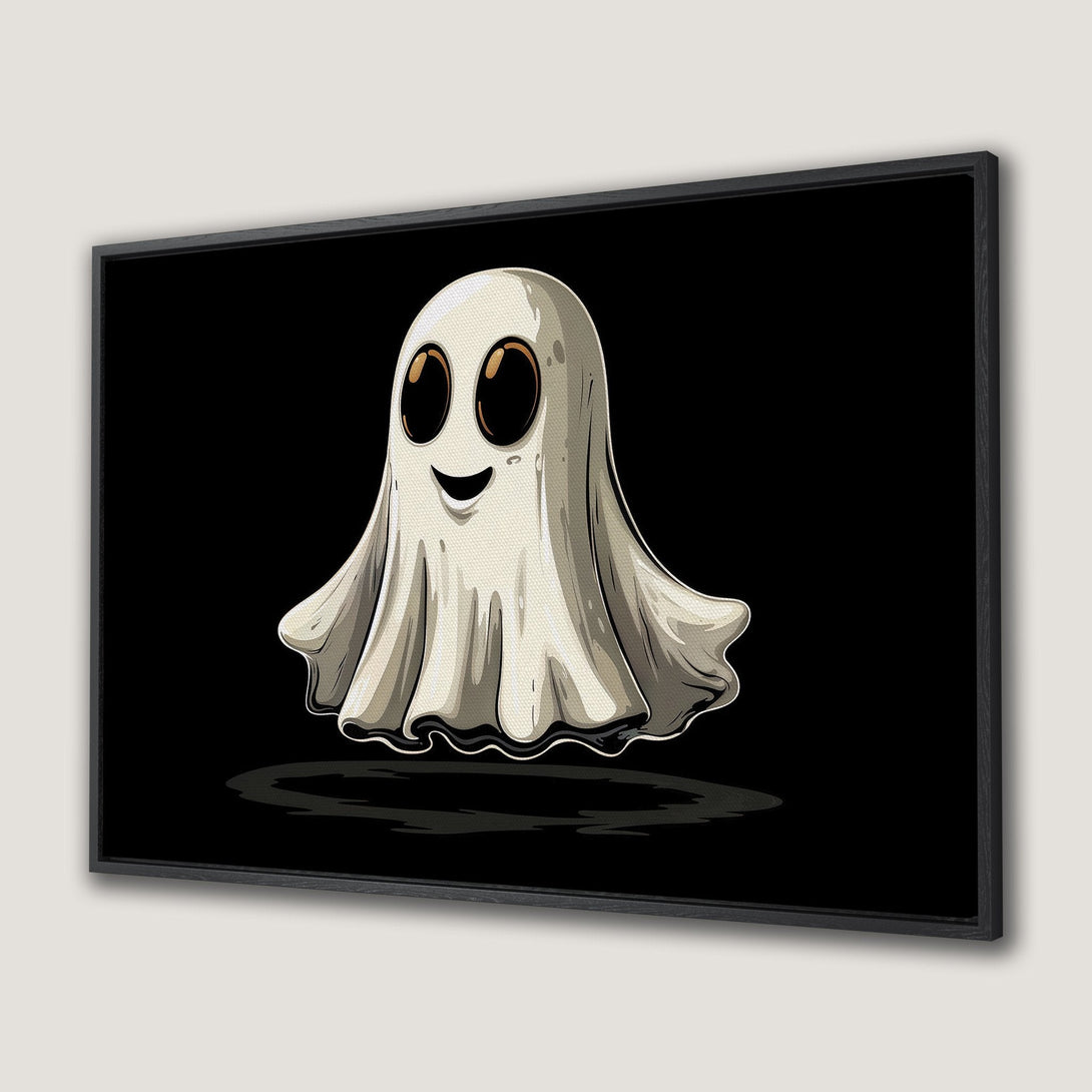 Framed Wall Art featuring a cute cartoon ghost against a black background. Perfect Halloween decor! Neutral color palette.