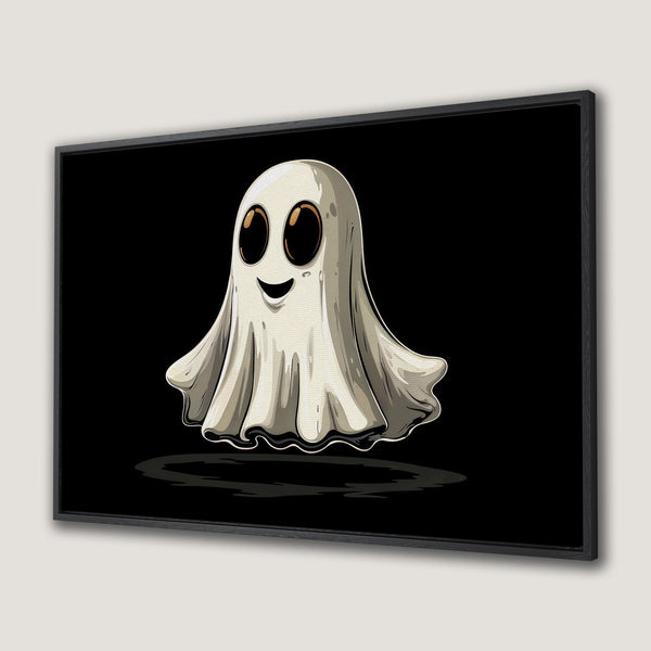 Framed Wall Art featuring a cute cartoon ghost against a black background. Perfect Halloween decor! Neutral color palette.