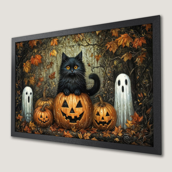 Framed Poster featuring a black cat on a jack-o'-lantern, ghosts, and autumn leaves. Warm, autumnal color palette. Spooky Halloween art.