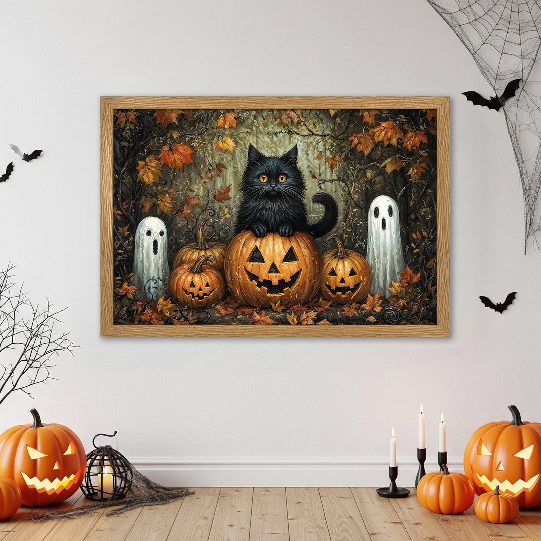 Framed Poster featuring a black cat on pumpkins, spooky Halloween art in warm orange & brown tones. Perfect holiday decor!