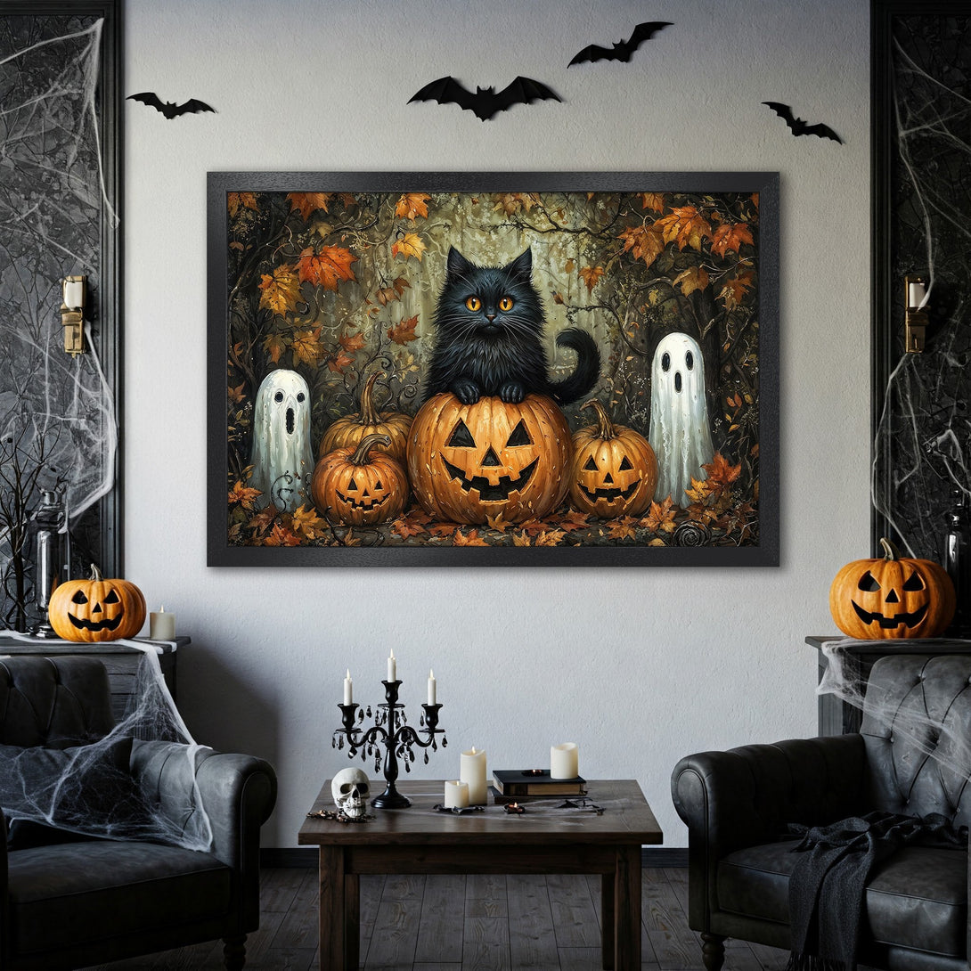 Framed Poster featuring a black cat on a pumpkin with ghosts, Halloween art in warm orange, black, and brown tones.