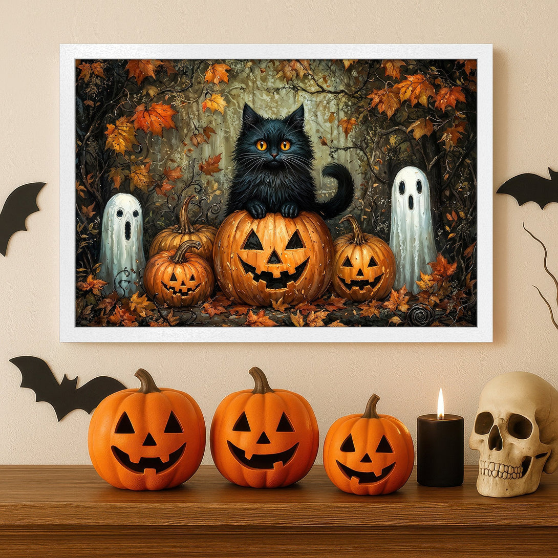 Framed Poster featuring a black cat on a pumpkin, spooky Halloween art, autumn color palette.