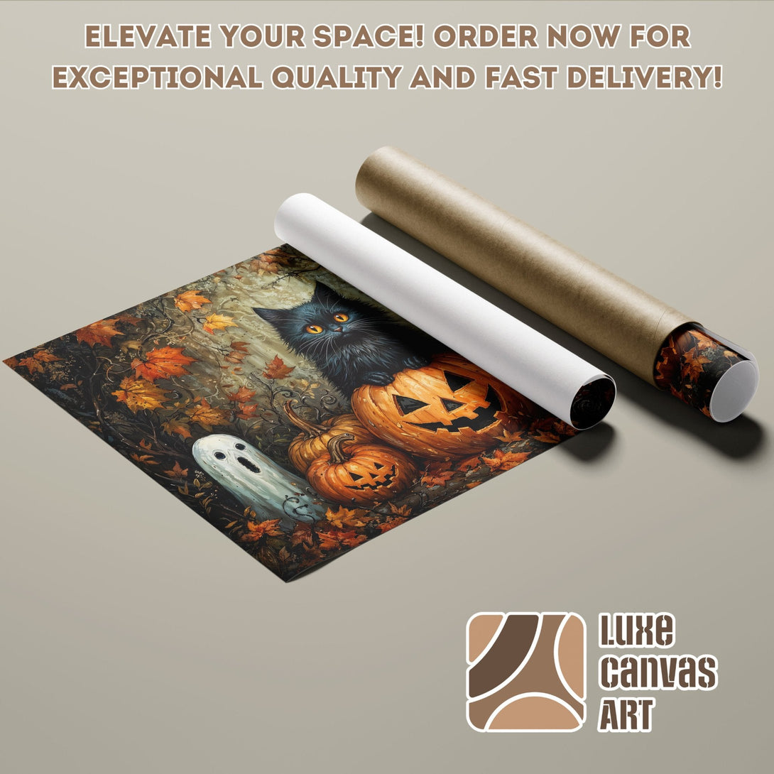 Halloween Poster Roll featuring a black cat, pumpkins, and ghost. Autumnal color palette.