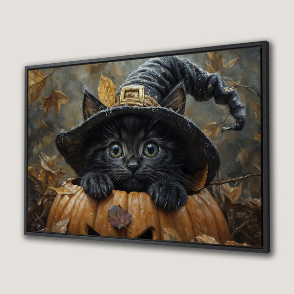Framed Wall Art: Adorable black cat in witch hat on pumpkin. Autumnal color palette, whimsical style. Perfect Halloween decor!