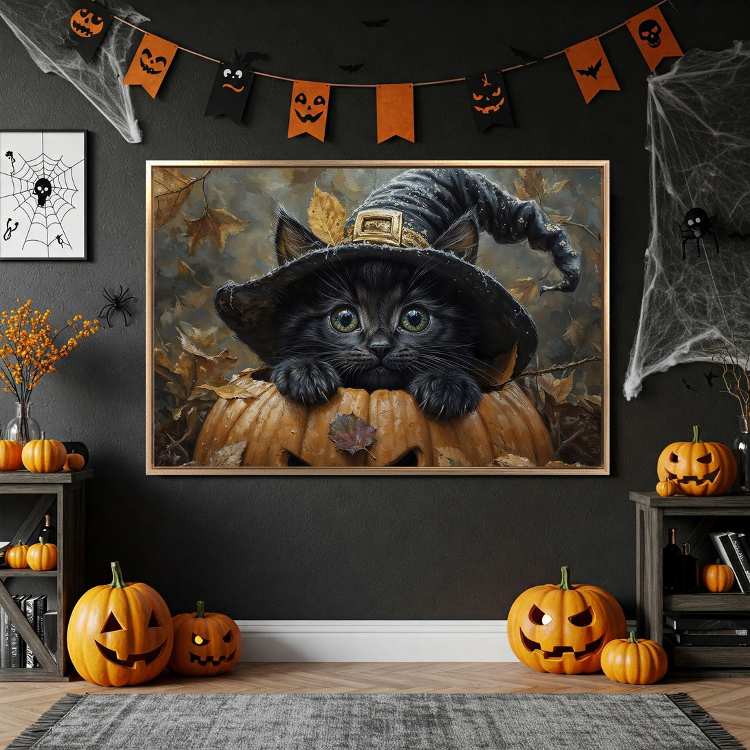 Framed Wall Art: Adorable black cat in witch hat on pumpkin, perfect Halloween decor! Warm orange & black palette, cozy & spooky vibes.