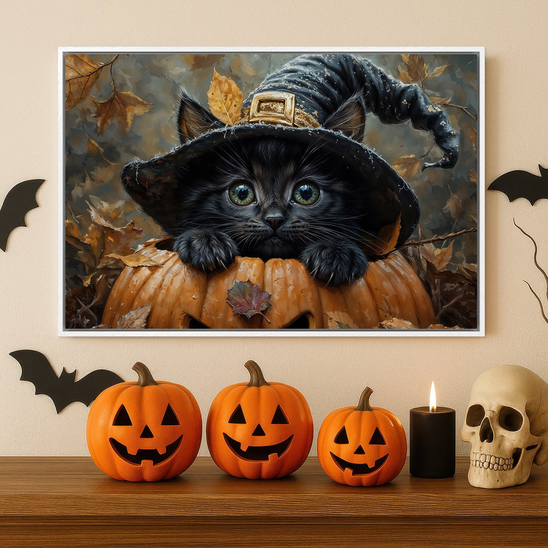 Framed Wall Art: Adorable black cat in witch hat on a pumpkin. Halloween decor with warm orange, brown, and grey tones. Perfect for spooky season!
