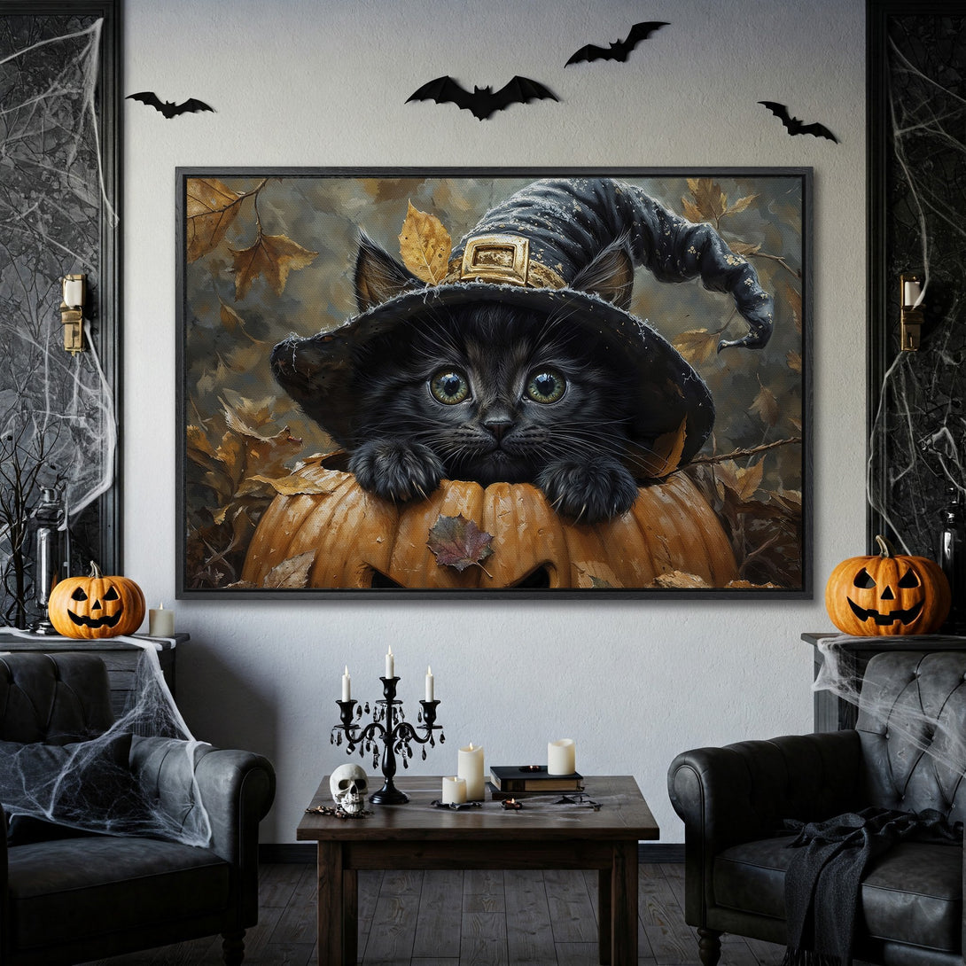 Framed Wall Art: Adorable black cat in witch hat on pumpkin. Spooky Halloween decor in warm, autumnal tones. Perfect for fall!