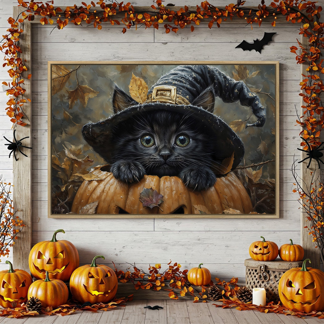 Framed Wall Art: Adorable black cat in a witch hat on a pumpkin. Autumnal color palette. Perfect Halloween decor!