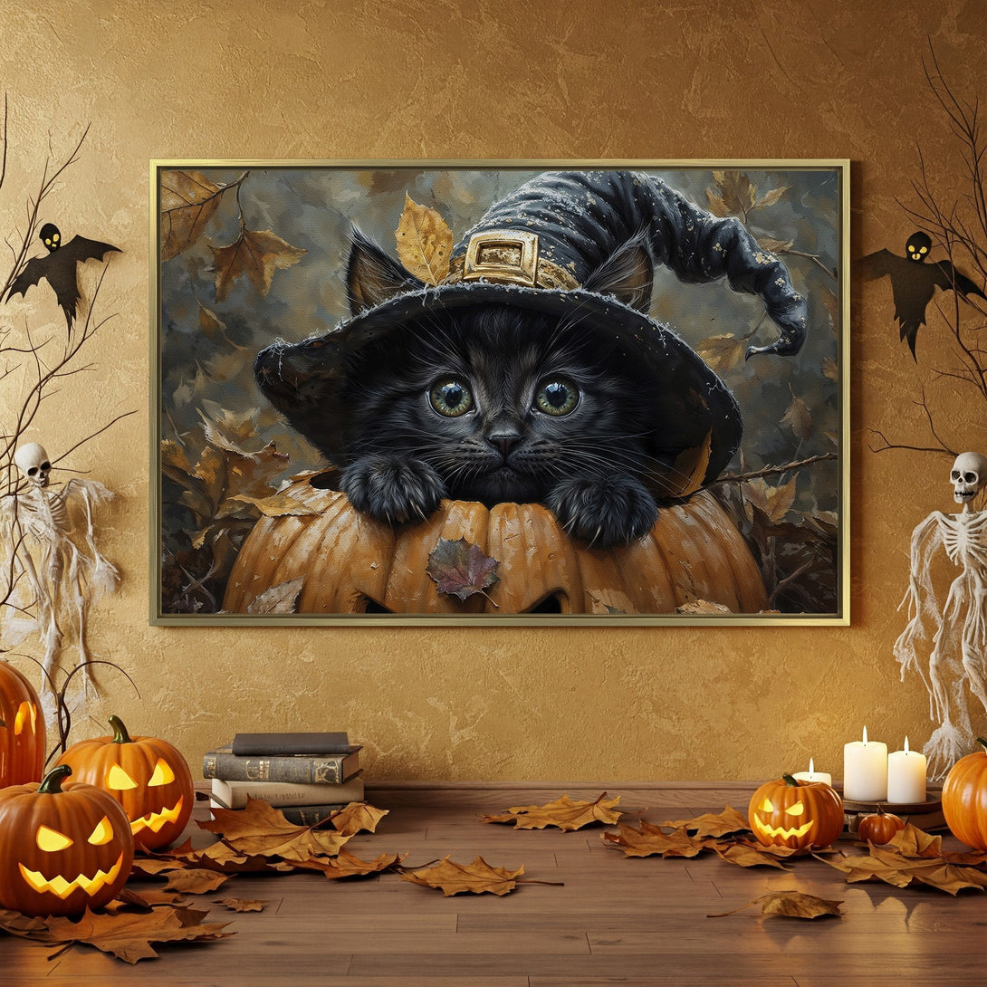 Halloween Canvas Print featuring a black cat in a witch hat, warm autumnal colors, and a spooky interior. Perfect for seasonal decor.
