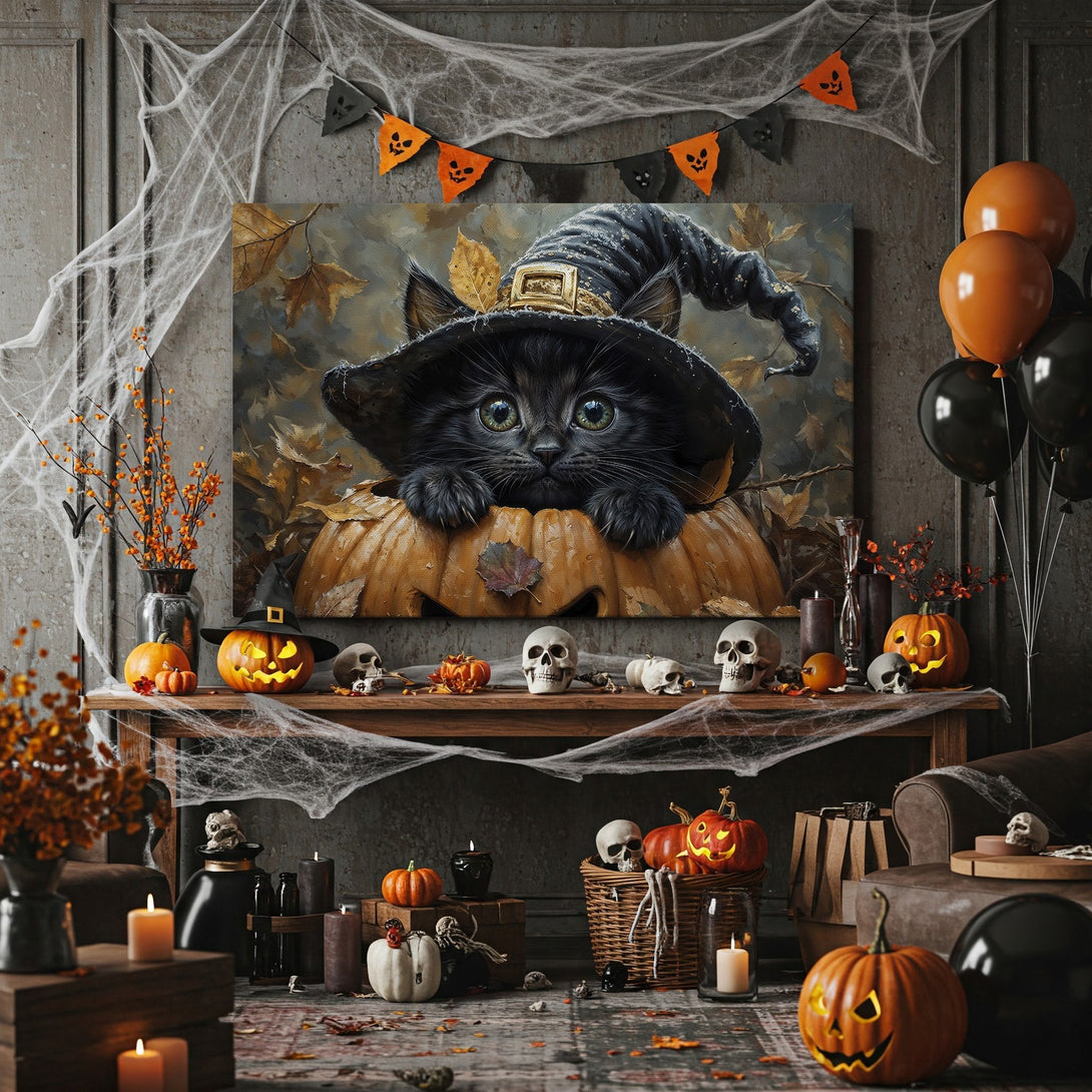 Framed Wall Art: Adorable black cat in witch hat on pumpkin. Autumnal color palette. Perfect Halloween decor! Add spooky charm to your space.