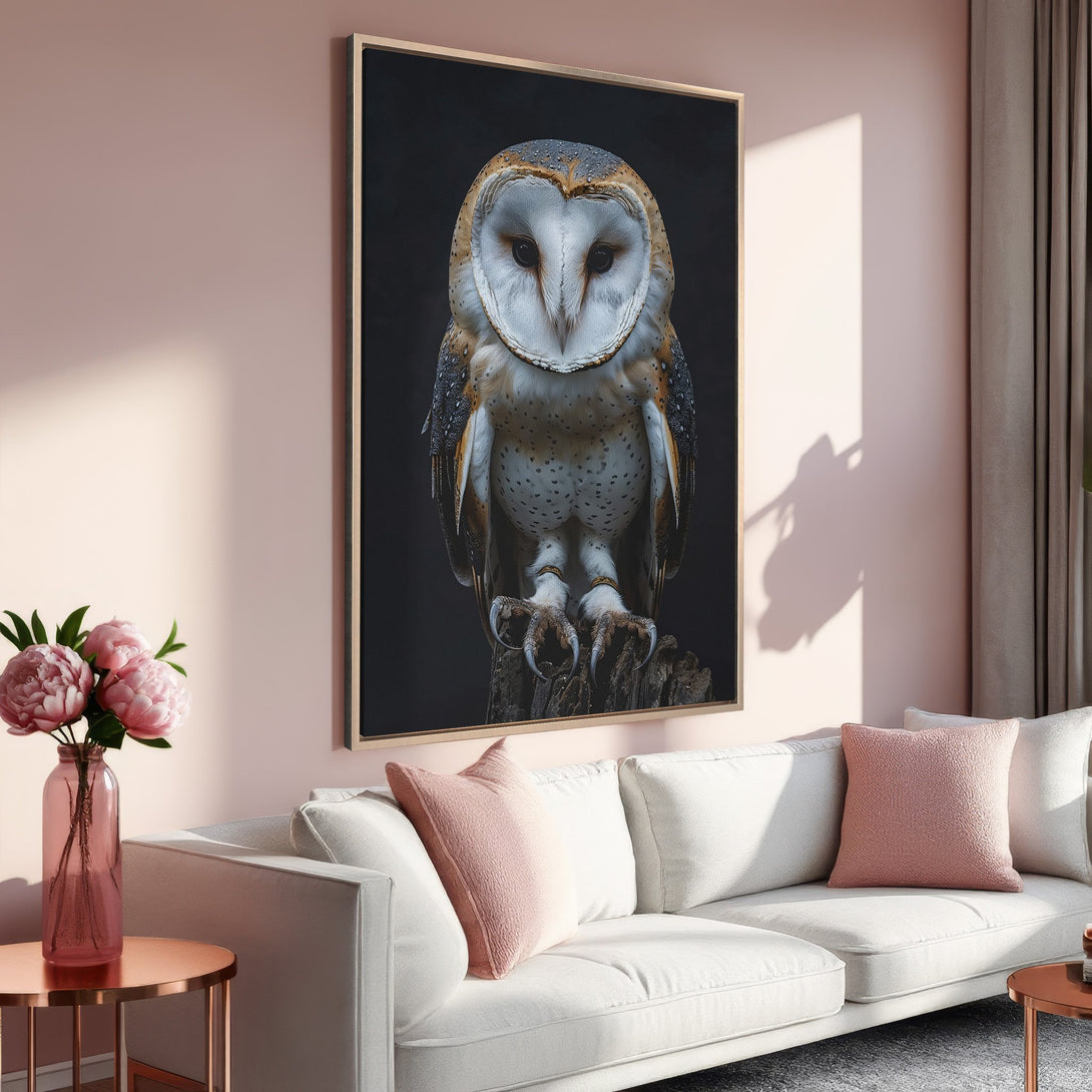 Framed Wall Art: Stunning owl portrait in a warm, neutral color palette. Elevate your space with this beautiful canvas print, perfect for any room!
