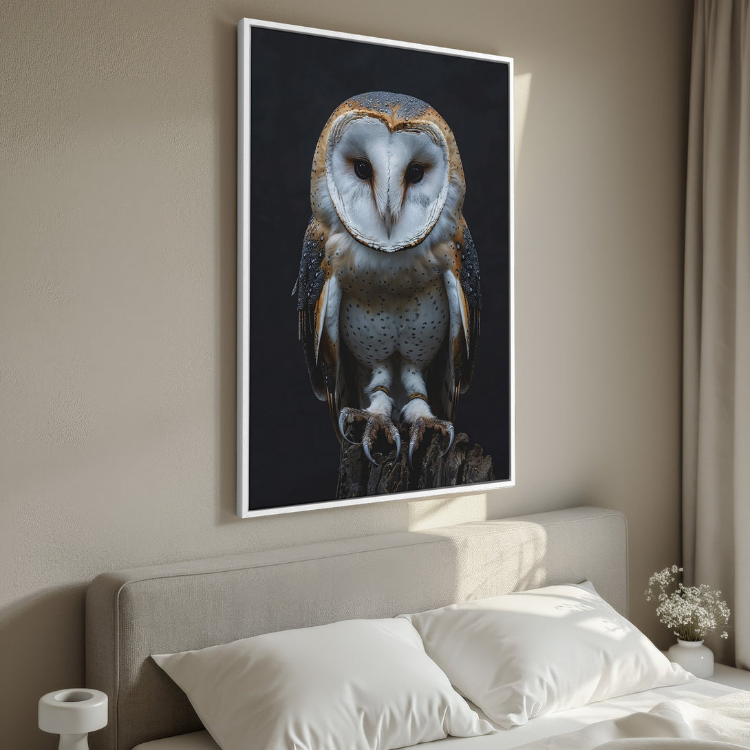 Framed Wall Art featuring a stunning owl portrait. Neutral color palette with a touch of nature, perfect for bedroom decor. Add this canvas print to your collection!