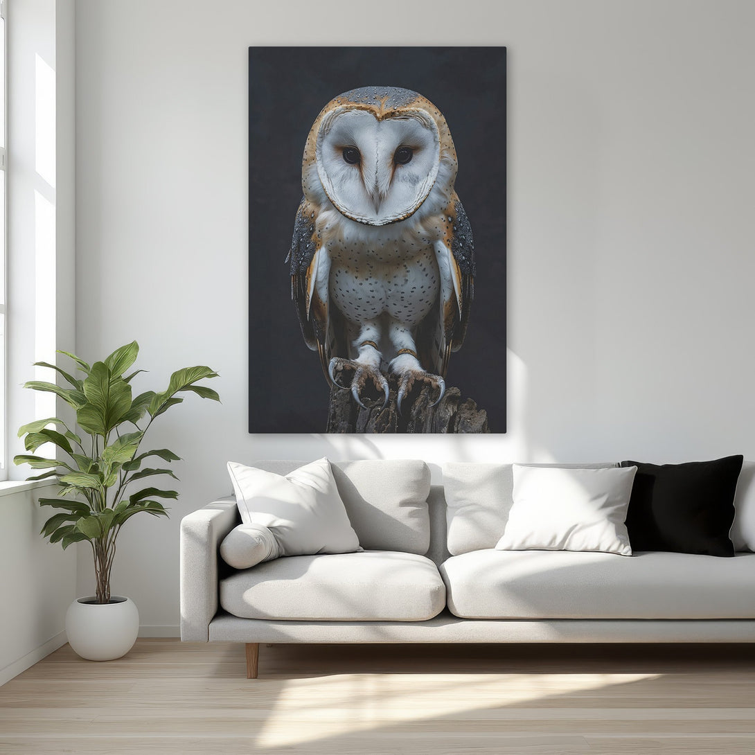Framed Wall Art featuring a majestic owl. Neutral color palette with gold frame, perfect for bedroom decor. Elevate your space with this stunning artwork.