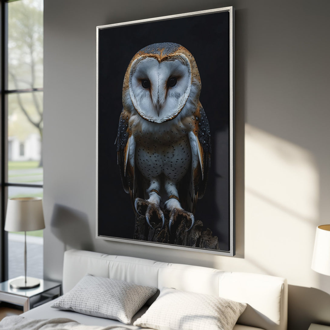Framed Wall Art featuring a stunning barn owl portrait. Neutral color palette with a touch of warm browns and whites. Perfect accent for any modern interior.