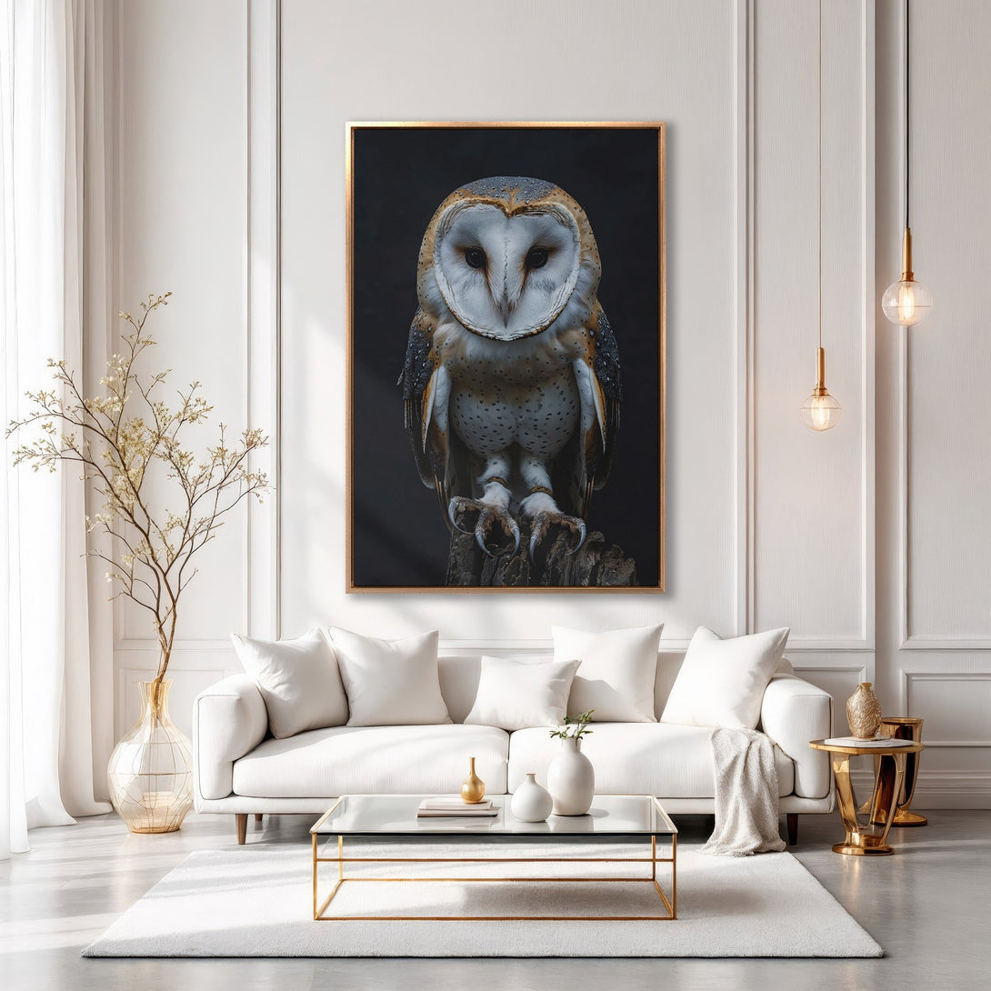 Framed Wall Art: Majestic owl portrait in neutral tones. Elegant decor for any space. Add a touch of nature with this stunning Canvas Print.