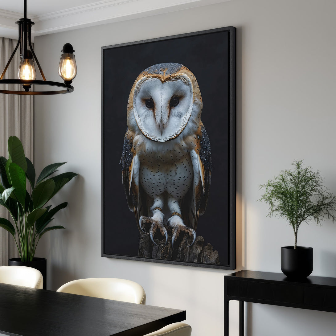 Framed Wall Art: Stunning owl portrait in a modern interior. Neutral color palette with pops of brown & white. Elevate your space with this captivating Canvas Print.