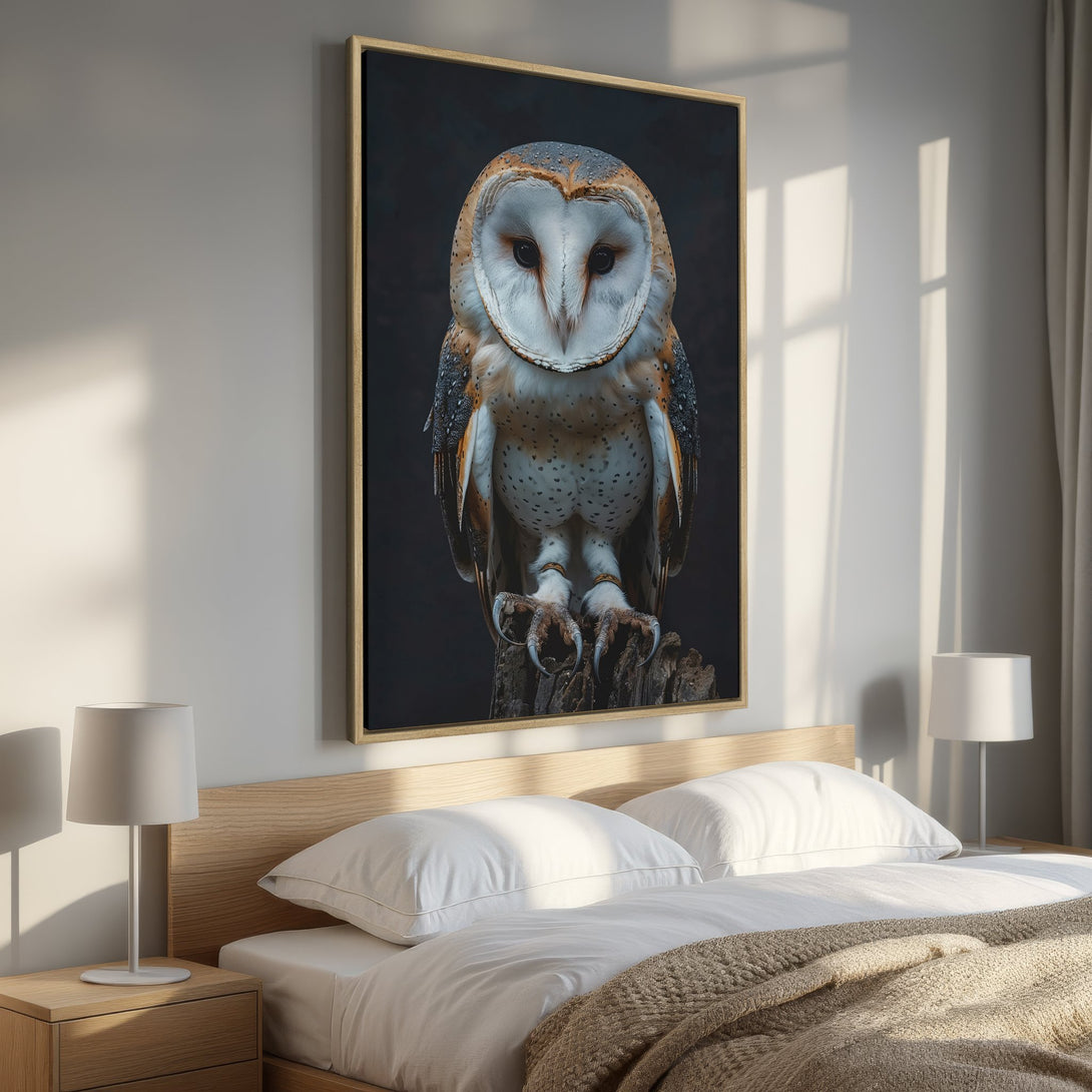 Framed Wall Art of a majestic owl in a bedroom. Nature-inspired artwork with a neutral color palette, perfect for adding a touch of elegance.