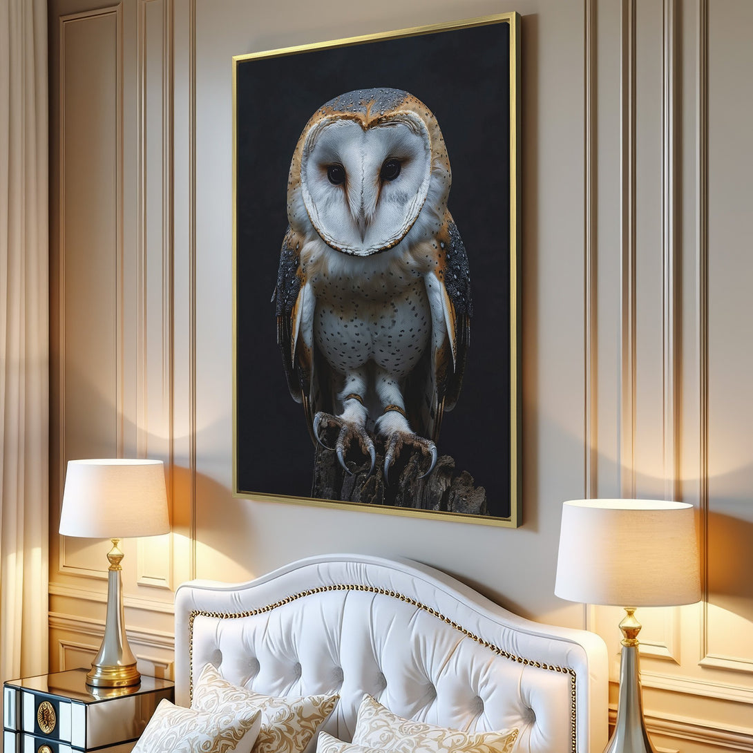 Canvas Print of a majestic owl, neutral tones, displayed in a modern living room. Enhance your home decor with this stunning wildlife art.