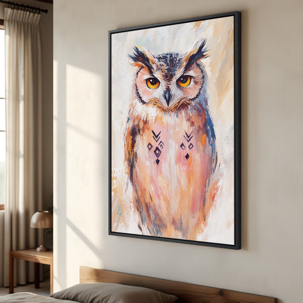 Framed Wall Art: Majestic owl portrait in warm, earthy tones. Add a touch of nature and artistic flair to your space with this stunning canvas print!