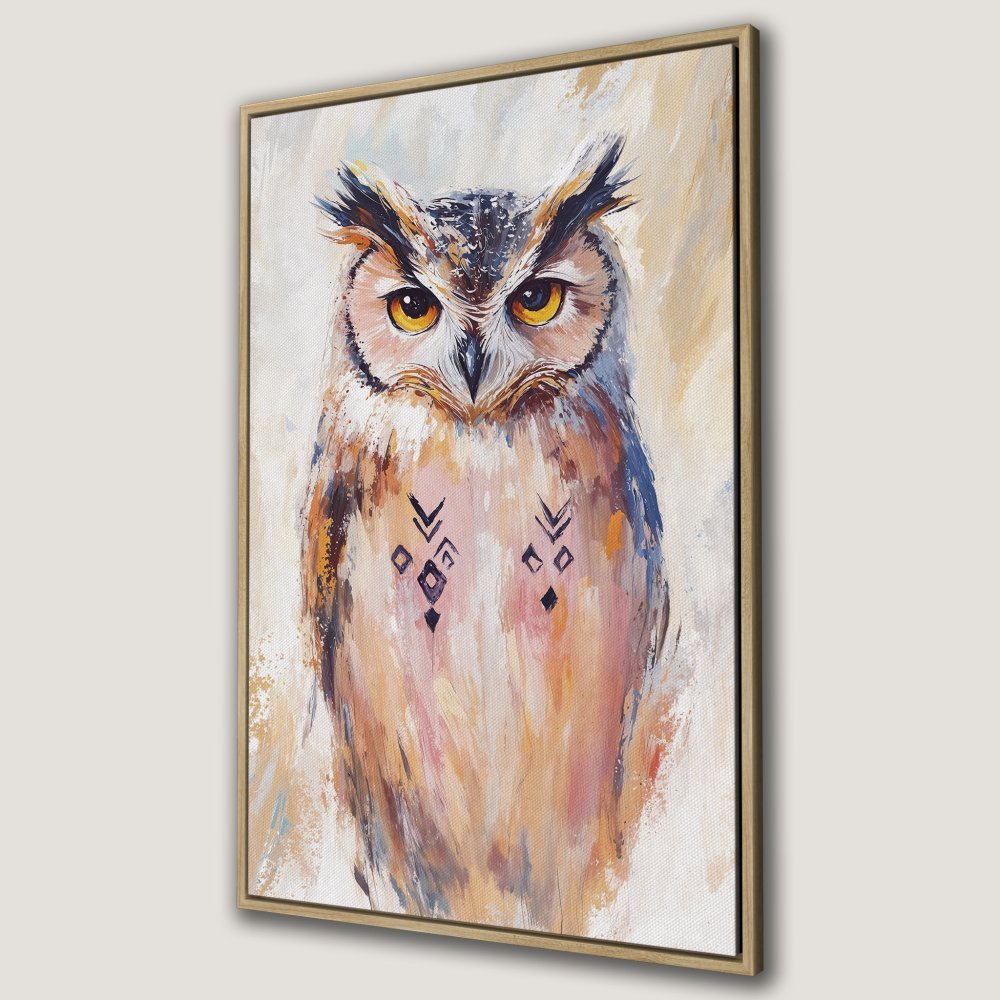 Framed Wall Art: Majestic owl painting in warm, earthy tones. Add a touch of nature and style to your home with this beautiful canvas print.