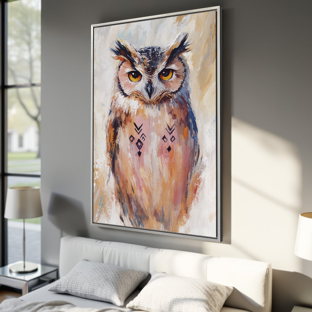 Framed Wall Art: Majestic owl portrait in warm earth tones. Add a touch of nature & artistry to your space with this stunning Canvas Print!