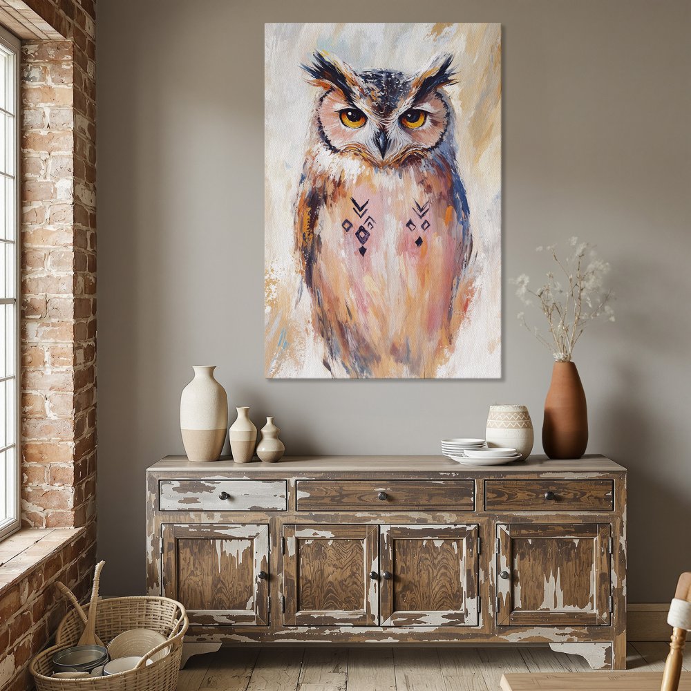Framed Wall Art: Majestic owl painting in warm, earthy tones. Add a touch of nature-inspired art to your home decor. Shop now!
