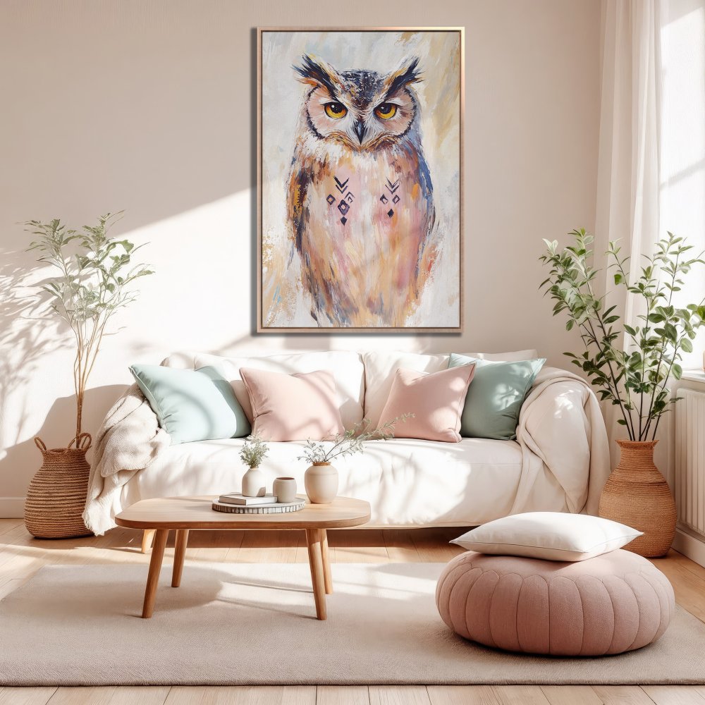 Framed Wall Art: Owl painting in warm, neutral tones. Adds a touch of boho style to any living room. Shop now!