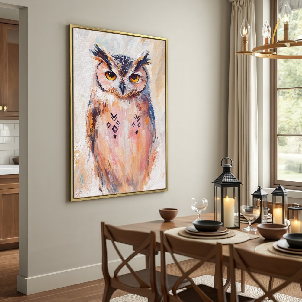 Canvas Print of a majestic owl, showcasing a warm, earthy color palette and expressive brushstrokes. Perfect wall art for your home!