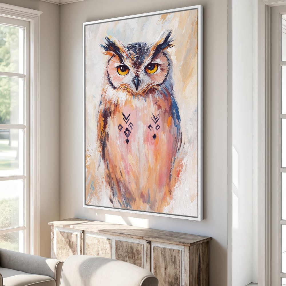 Framed Wall Art: Majestic owl painting in warm, earthy tones. Add a touch of nature-inspired art to your home decor. Shop now!